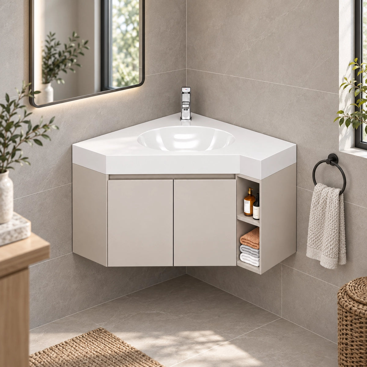 Corner wall‑mount bathroom vanity, real‑world bathroom corner scene, light‑gray cabinet with right open shelving, integrated white sink