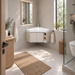 Triangular wall‑hung sink cabinet, full bathroom space with window, toilet, shower zone, woven storage basket