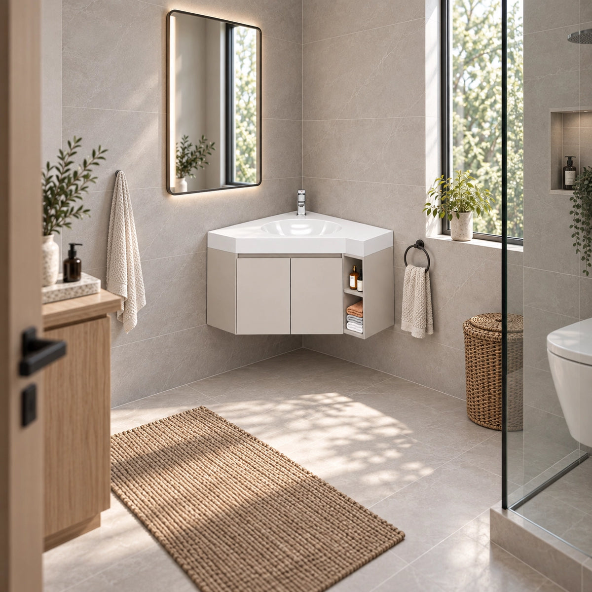 Triangular wall‑hung sink cabinet, full bathroom space with window, toilet, shower zone, woven storage basket