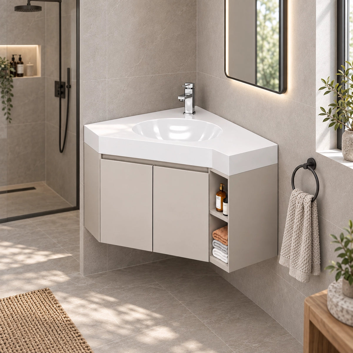 Wall‑mount corner bathroom vanity, partial bathroom view with glass shower enclosure and windowsill green plants
