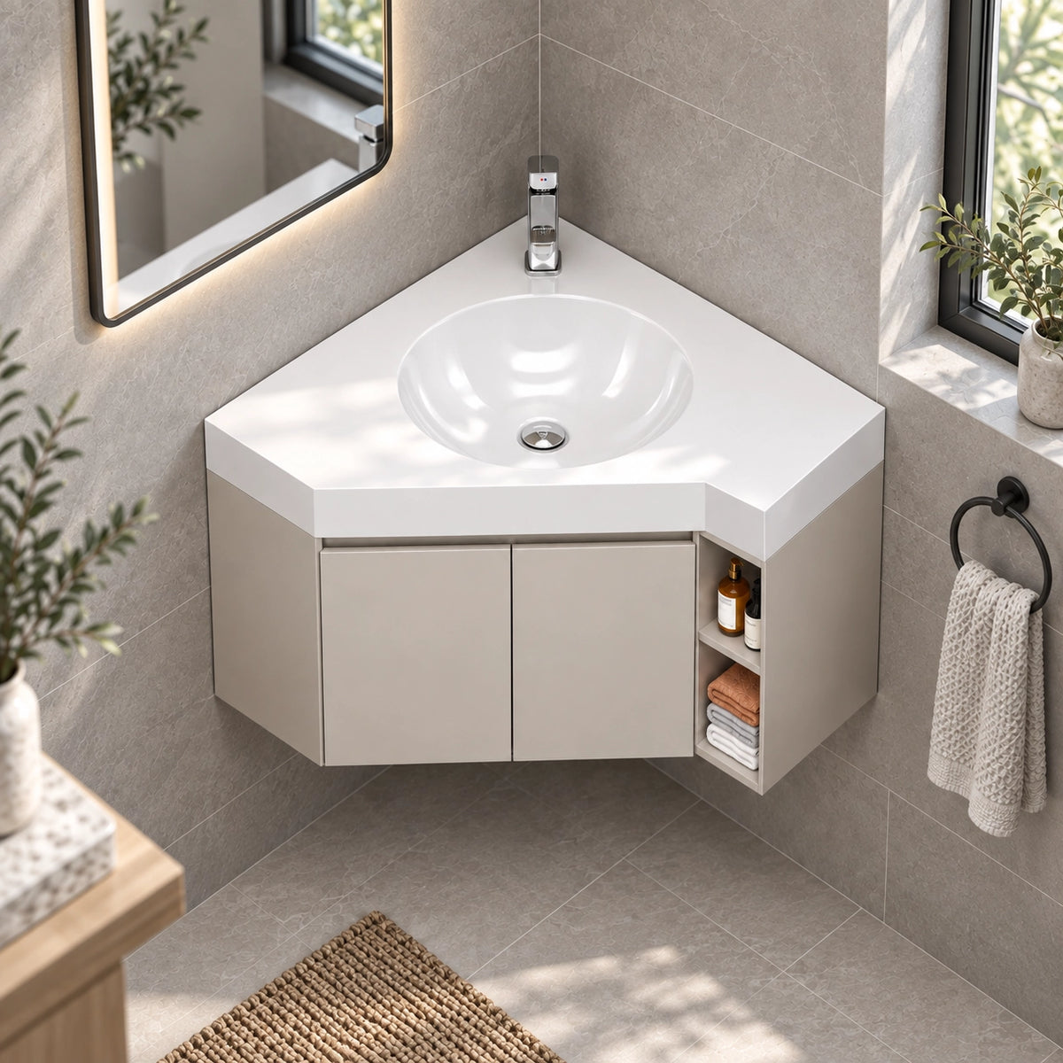 Floating corner bathroom sink cabinet, sunlit bathroom corner, sink drain assembly visible