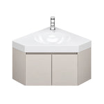 Triangular bathroom vanity on white background, two‑door cabinet without side open cubby, full triangular countertop with sink