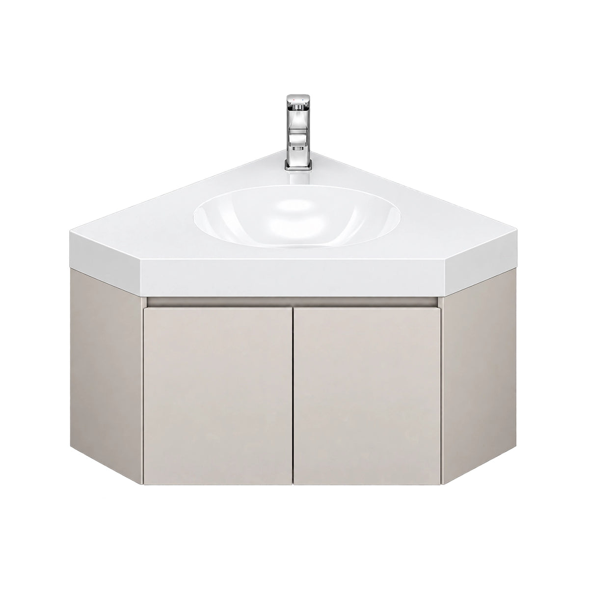 Triangular bathroom vanity on white background, two‑door cabinet without side open cubby, full triangular countertop with sink