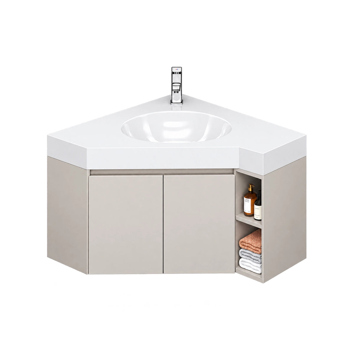 Corner bathroom vanity on plain white background, double‑layer hollow open storage cubby on cabinet right side
