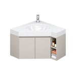 Corner bathroom vanity on plain white background, double‑layer hollow open storage cubby on cabinet right side