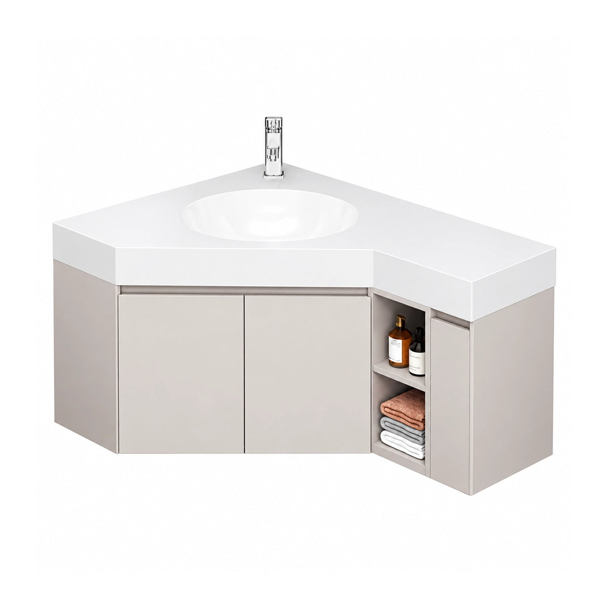 Corner bathroom vanity product shot, small closed cabinet door beside right open niche, combined storage layout