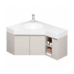 Corner bathroom vanity product shot, small closed cabinet door beside right open niche, combined storage layout