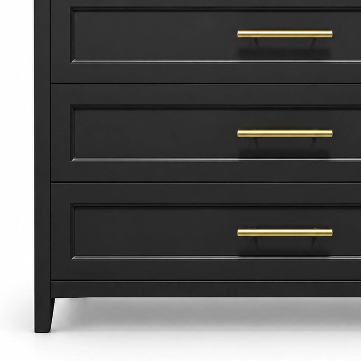 Close‑up partial vanity cabinet, black recessed‑panel drawer fronts, long gold bar pulls, tapered front cabinet legs