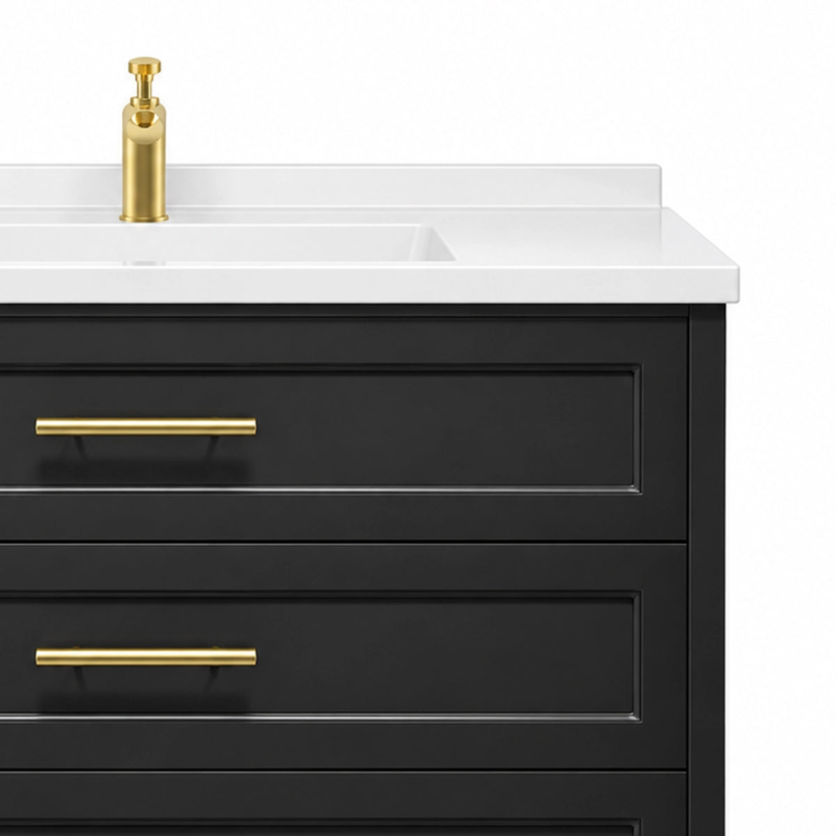 Partial shot of bathroom vanity, white quartz countertop, vintage gold faucet, recessed framed drawer panels