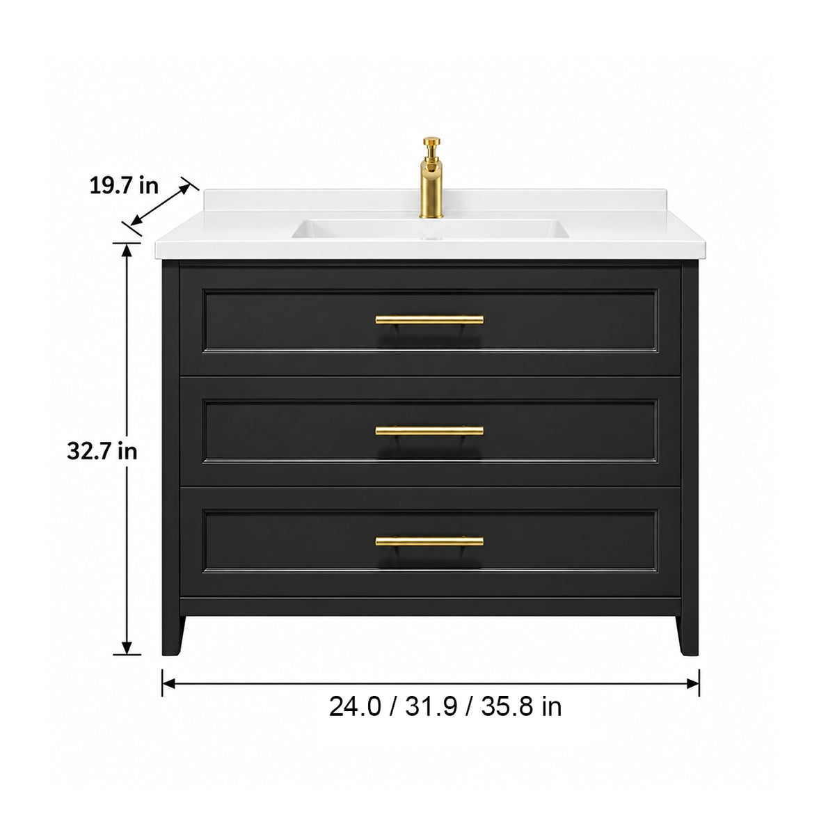 Black 3‑drawer freestanding bathroom vanity,24in/31.9in/35.8in