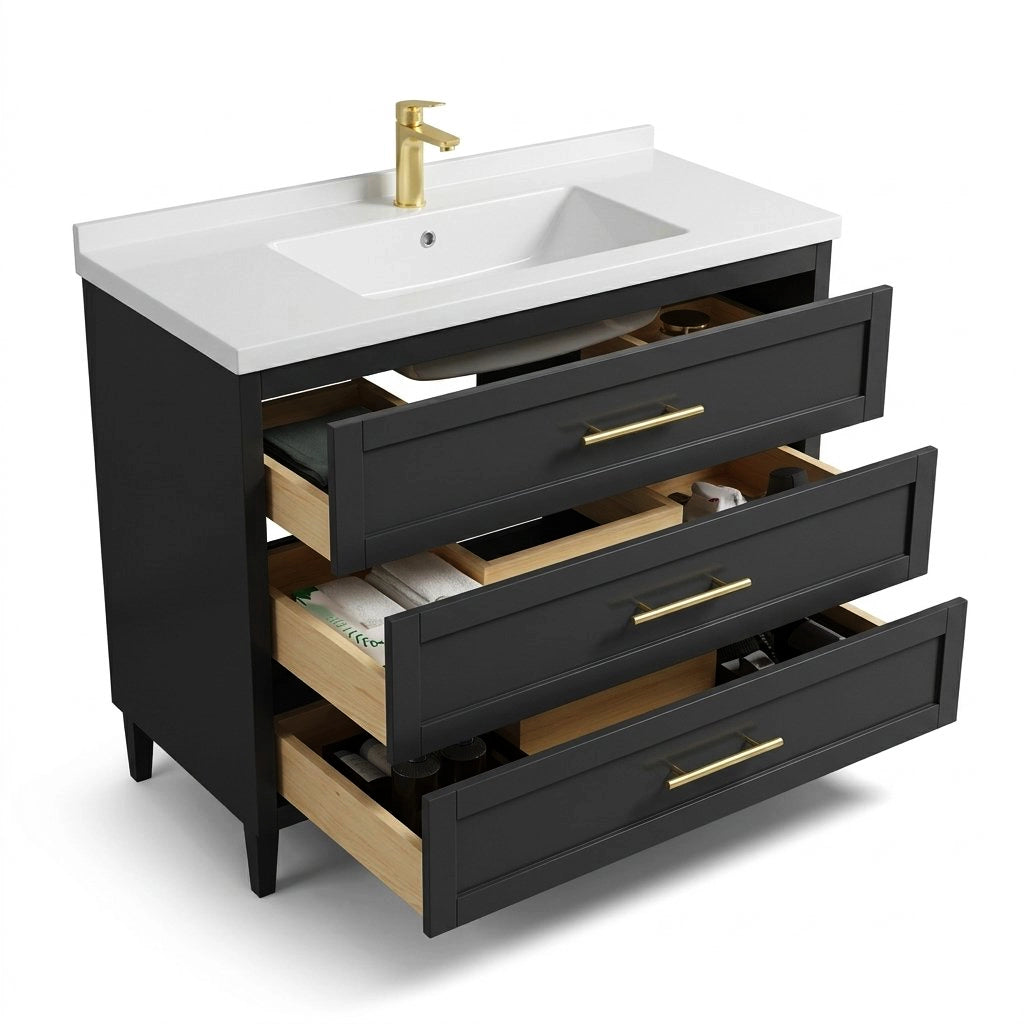 Angled view of bathroom vanity, three drawers fully pulled out, reveal solid wood drawer boxes, divided internal storage compartments
