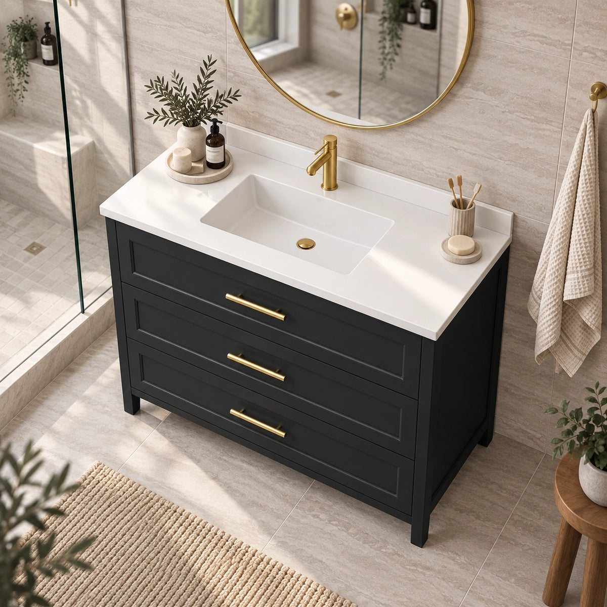 Black 3‑drawer bathroom vanity, top‑down bathroom shot, decorative countertop accessories, shower space on left