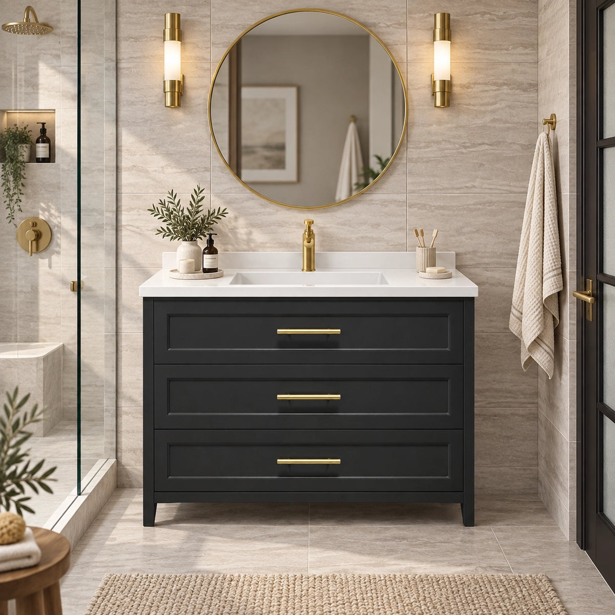Black 3‑drawer freestanding bathroom vanity, standard master bathroom scene, gold round mirror & wall sconces, side glass shower area