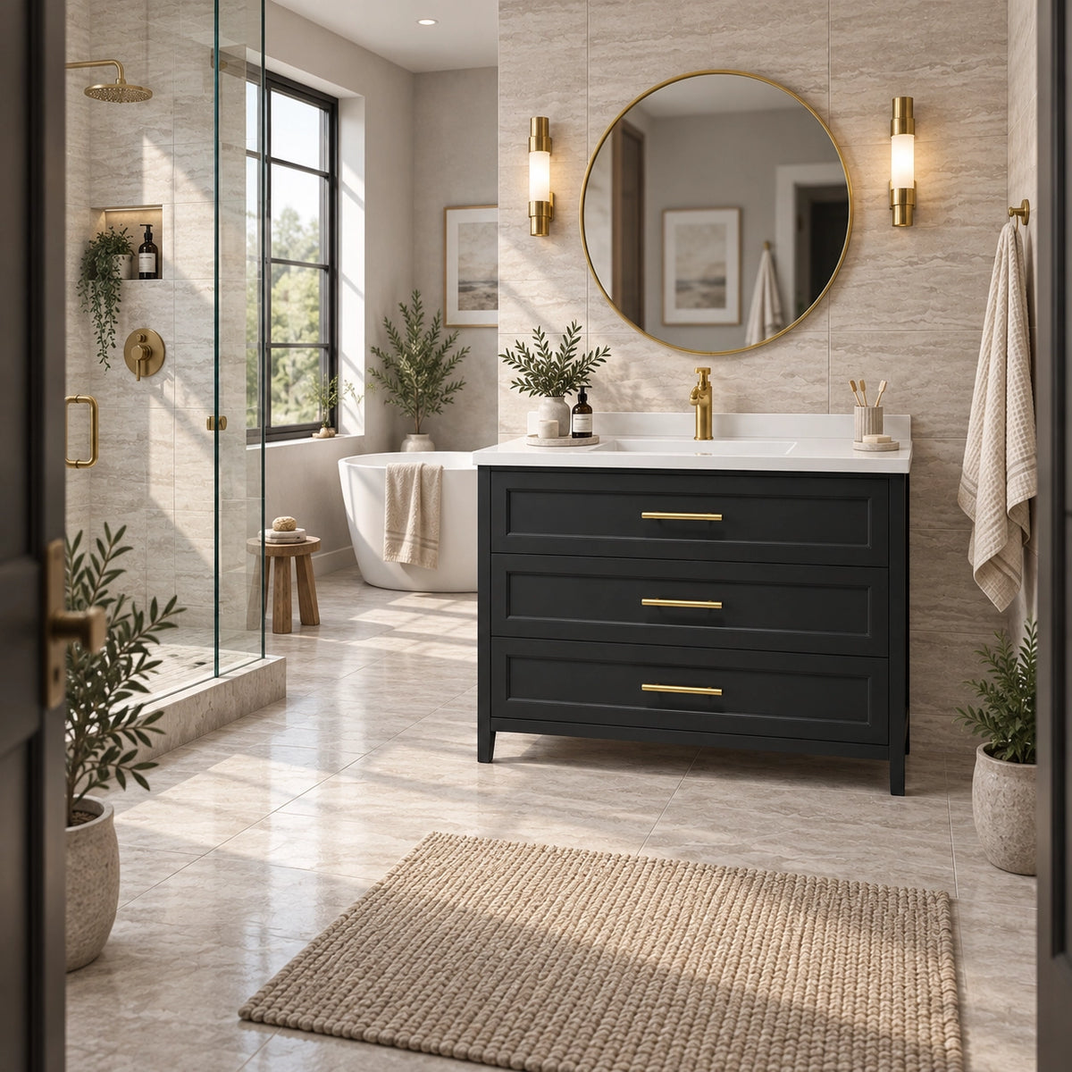 Black freestanding bathroom sink vanity, large‑size bathroom, freestanding bathtub, large daylight window, glass shower enclosure
