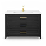 Freestanding bathroom vanity, main product shot on white background, complete unit outlook, three stacked drawers, gold pulls, integrated white sink countertop