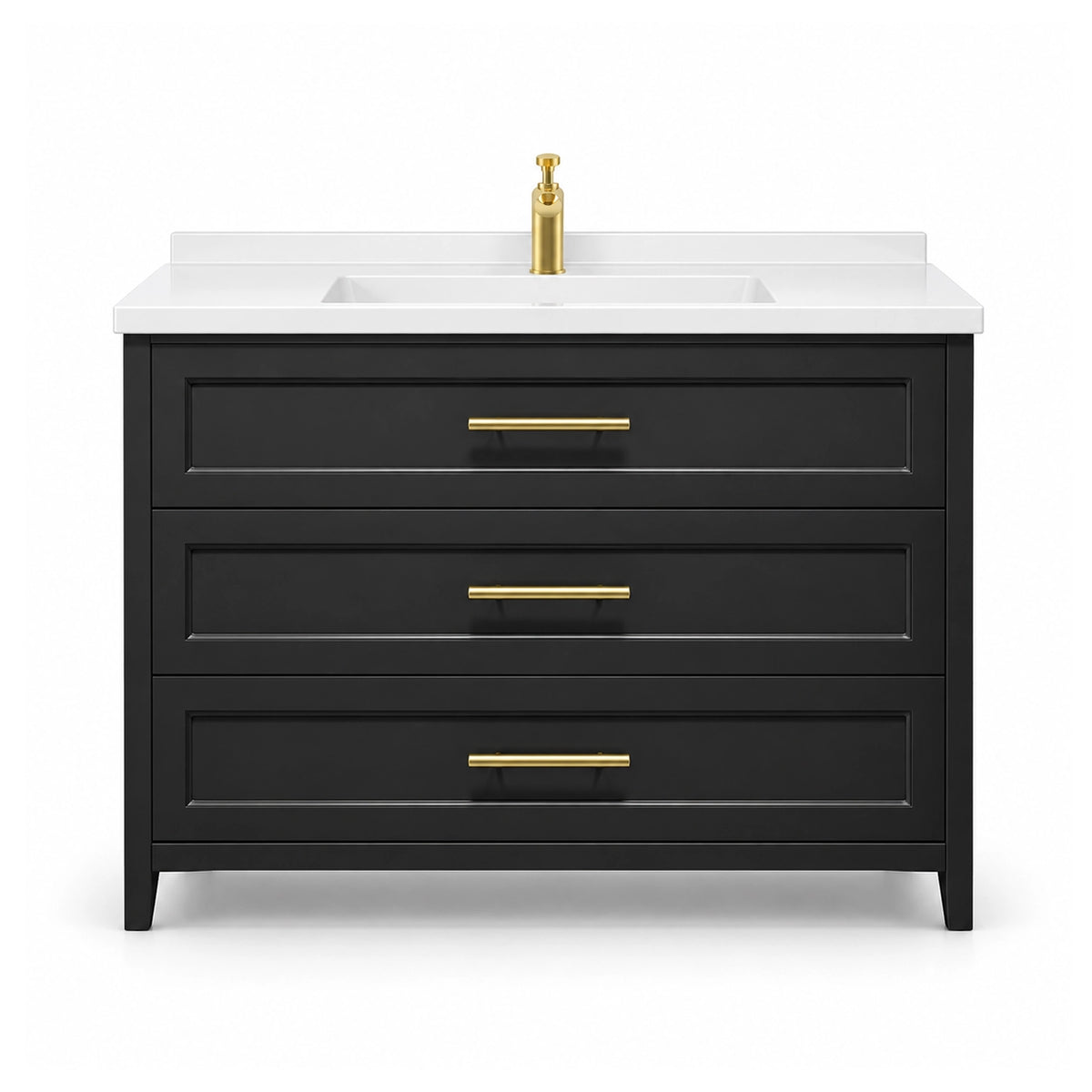 Freestanding bathroom vanity, main product shot on white background, complete unit outlook, three stacked drawers, gold pulls, integrated white sink countertop