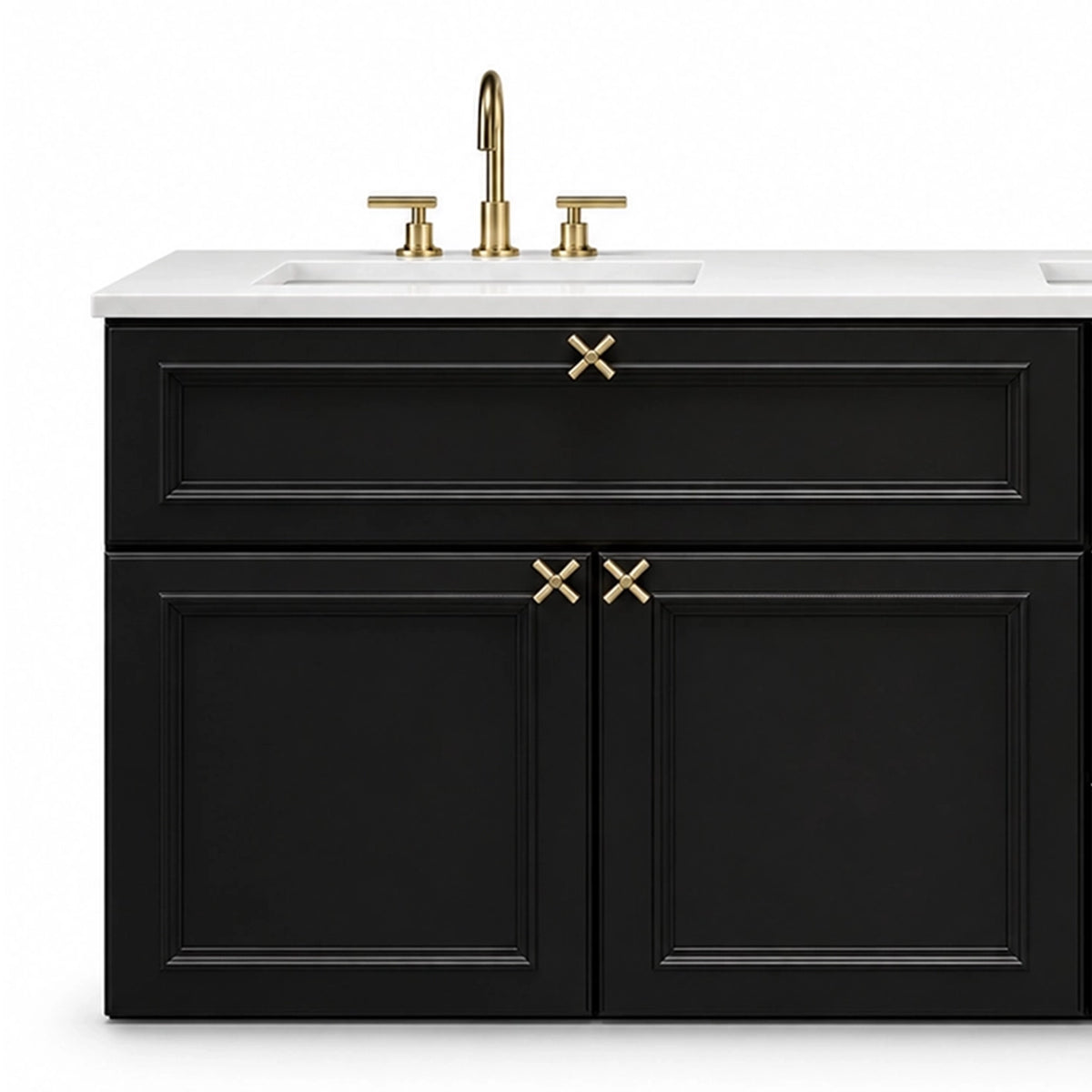 Close‑up of cabinet module, recessed panel drawer & double doors, X‑cross gold pulls, white quartz countertop