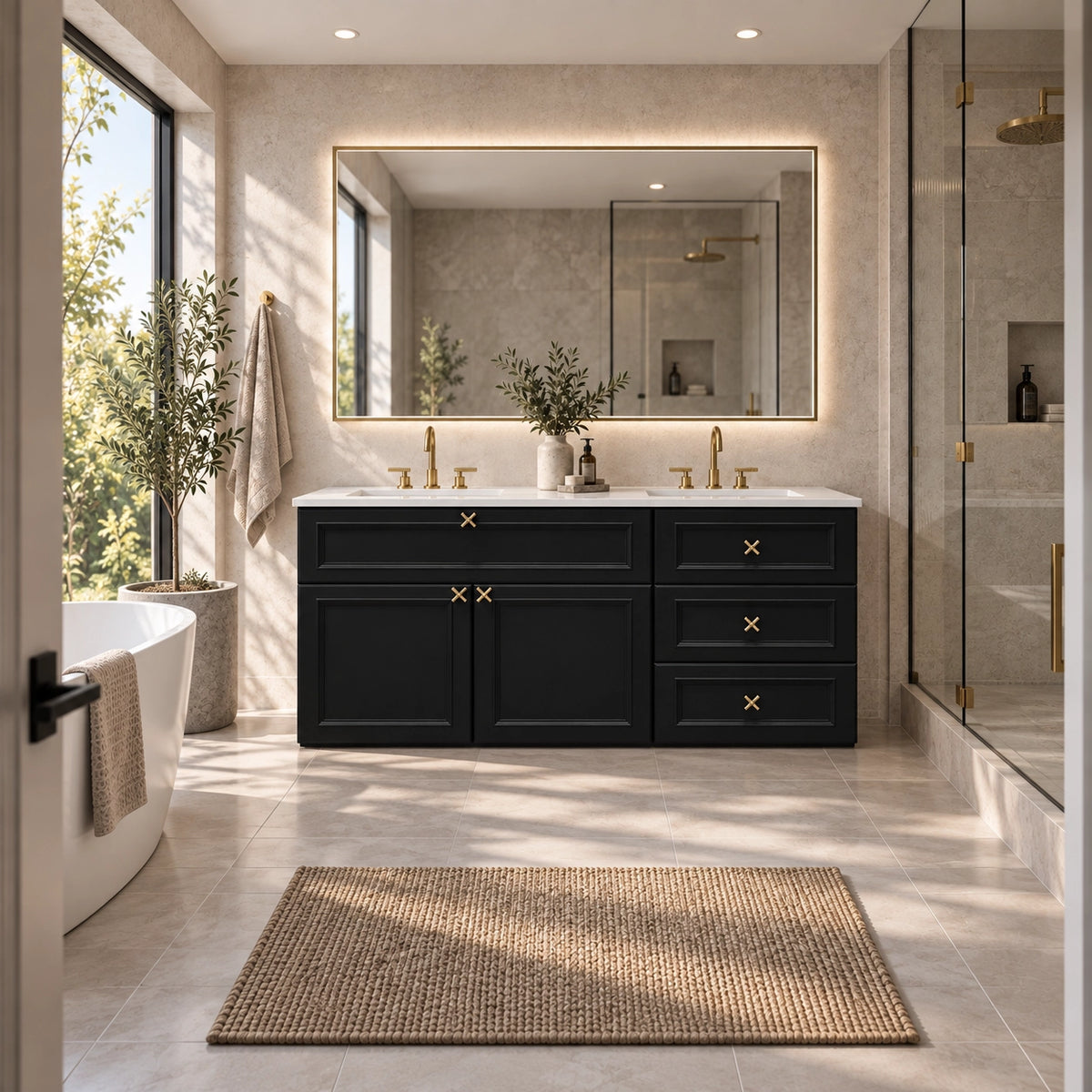 Black double‑sink vanity, spacious full‑view bathroom, freestanding bathtub, large daylight window, glass shower room
