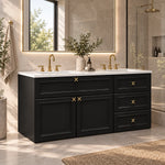 Black double‑sink bathroom vanity, side‑angle bathroom scene, natural light by window, glass shower partition on right