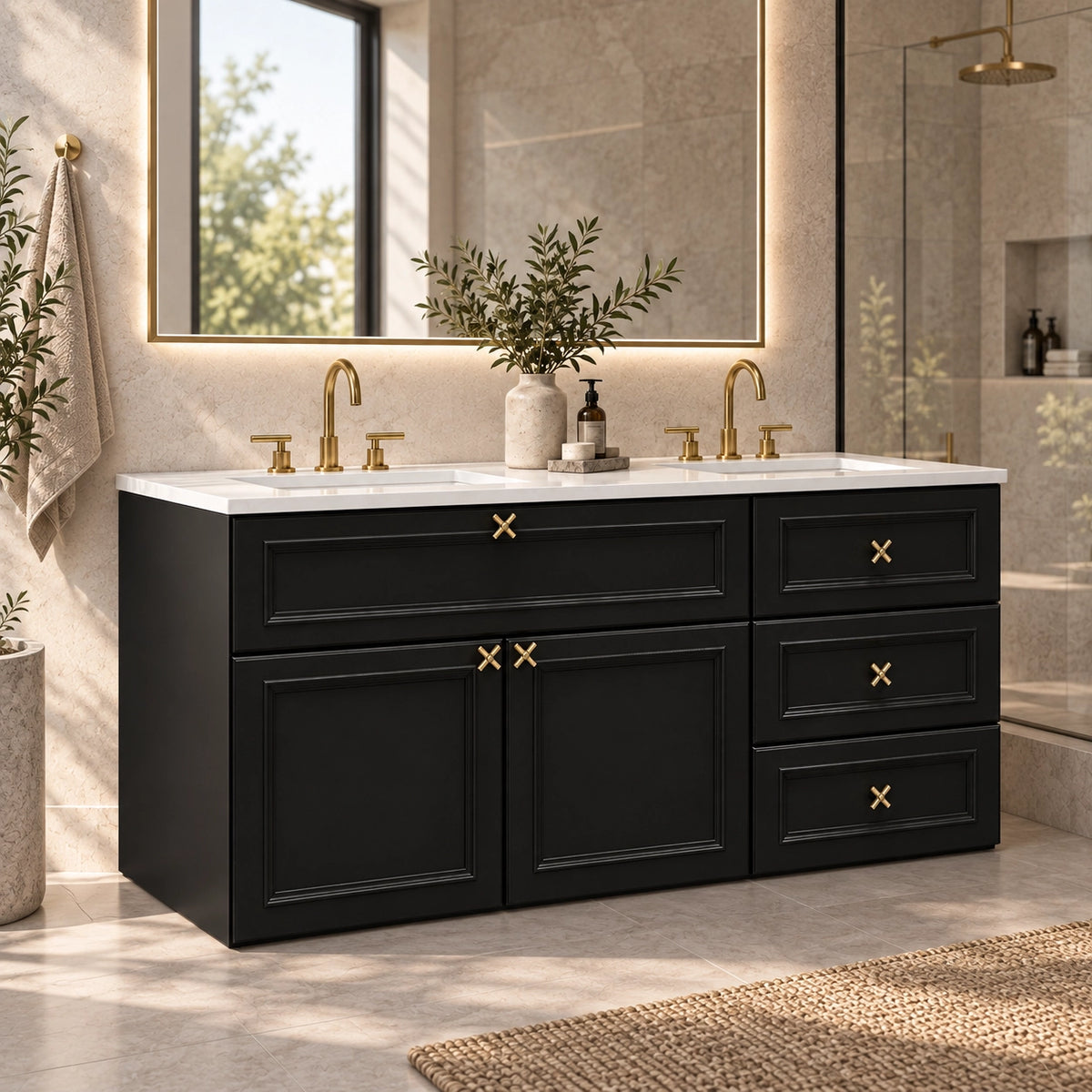 Black double‑sink bathroom vanity, side‑angle bathroom scene, natural light by window, glass shower partition on right