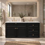 Black double‑sink bathroom vanity, modern‑luxury master bathroom, backlit gold‑framed mirror, glass shower enclosure on right