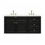 Wall‑hung double sink bathroom vanity, product main image on white background, full front view, mixed drawer‑and‑door cabinet, cross‑shaped gold metal hardware
