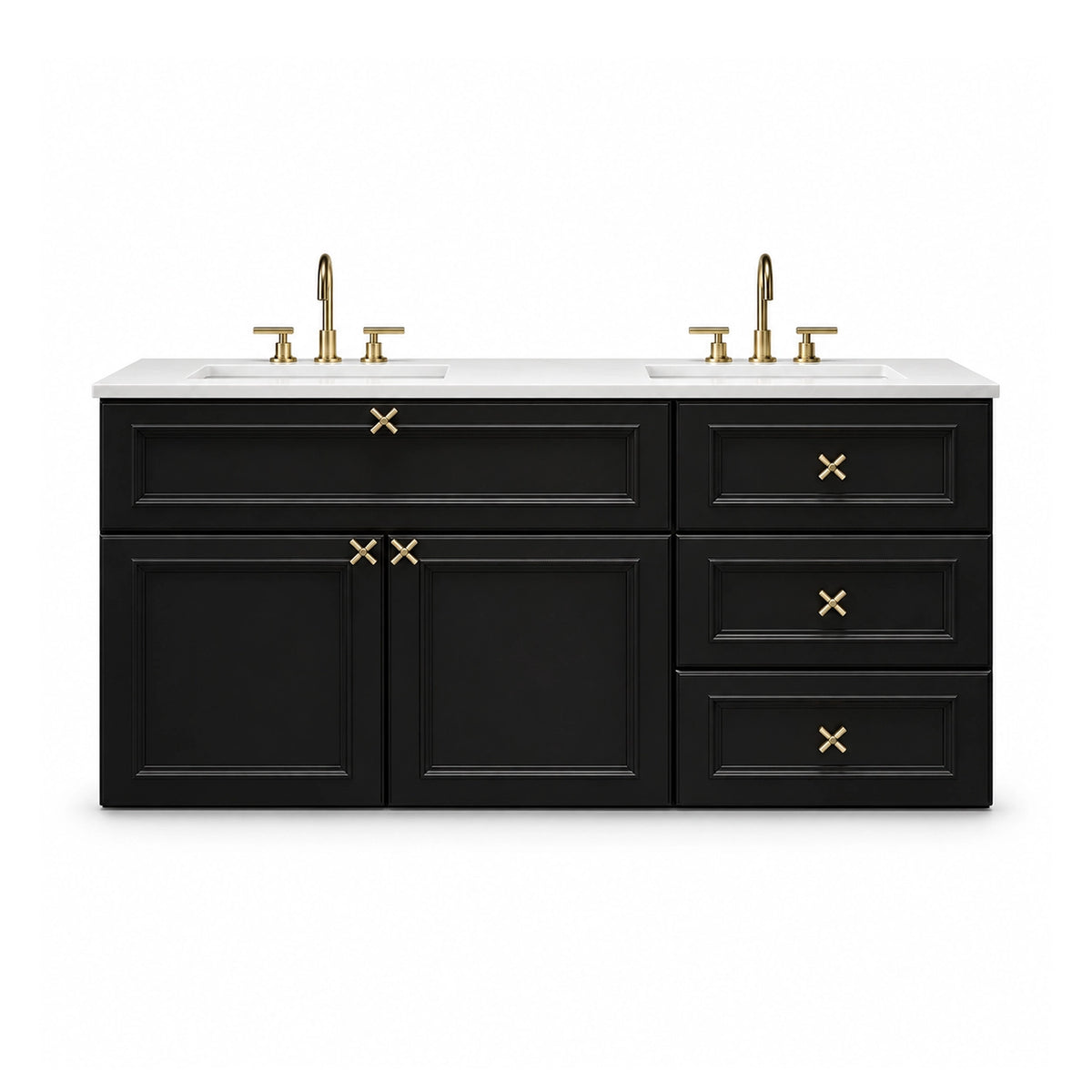 Wall‑hung double sink bathroom vanity, product main image on white background, full front view, mixed drawer‑and‑door cabinet, cross‑shaped gold metal hardware