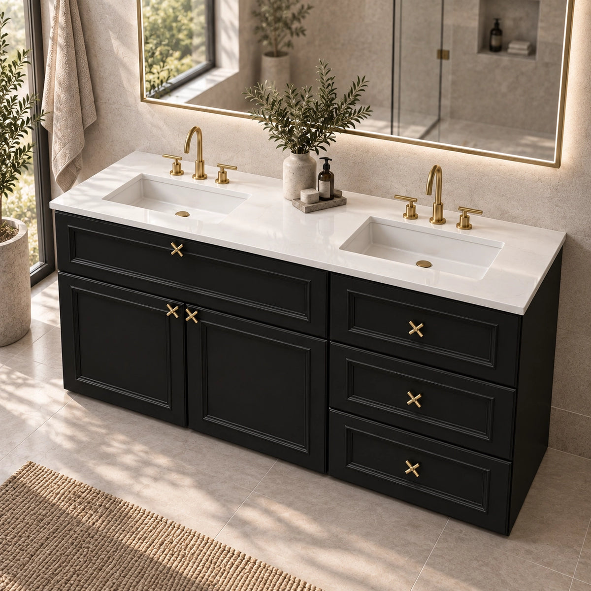 Black double‑sink bathroom vanity, top‑down bathroom perspective, integrated white countertop, window and shower on left