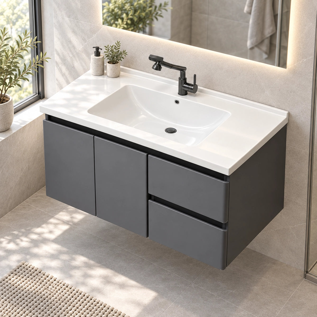 Hanging bathroom vanity in home bathroom close‑up
