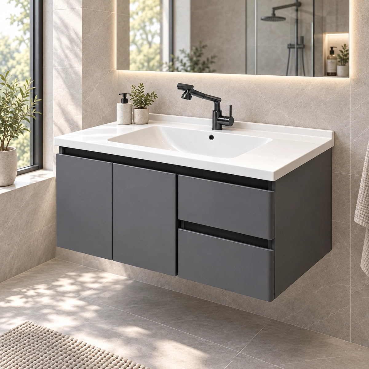 Floating bathroom vanity in residential bathroom scene