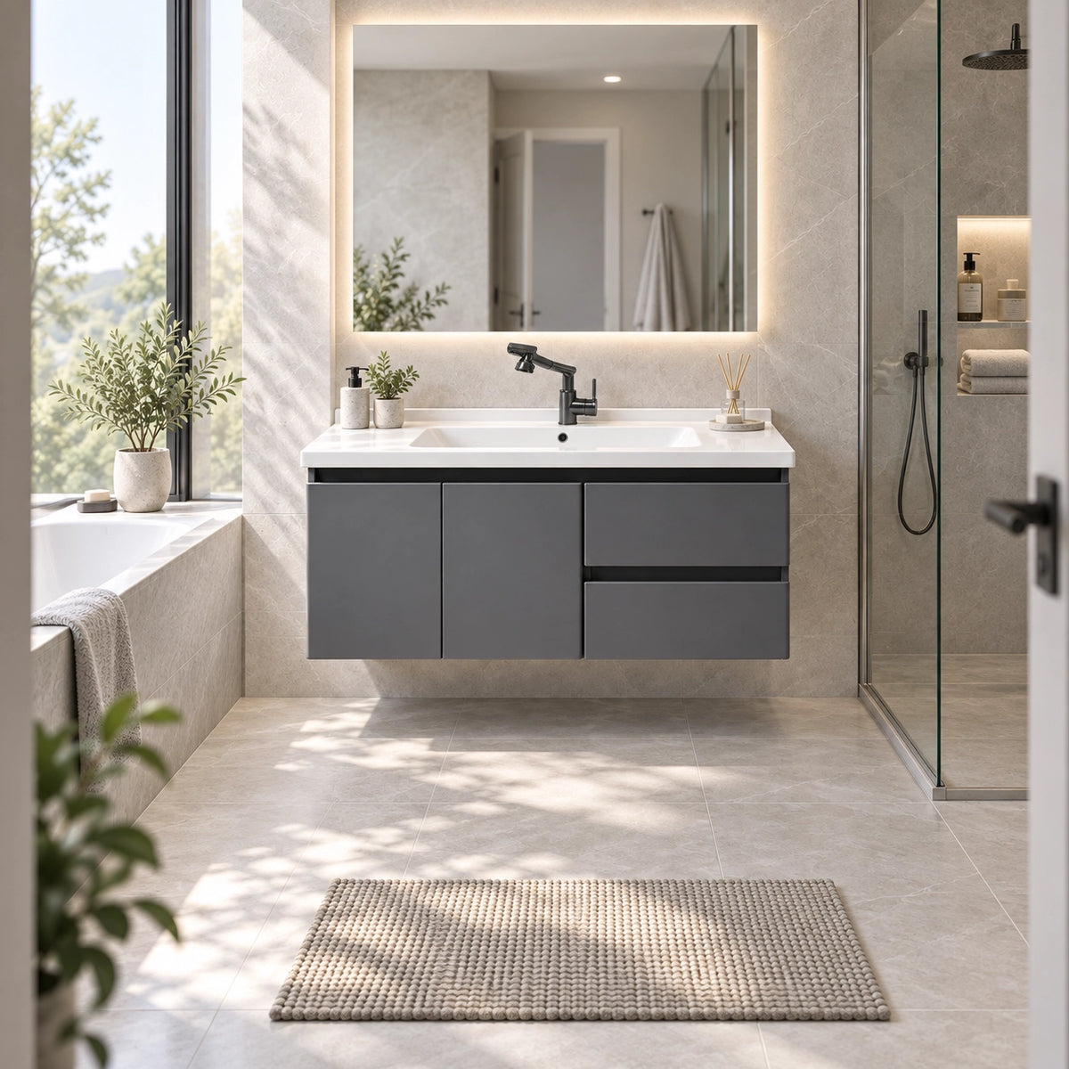 Wall‑hung sink cabinet in spacious bathroom