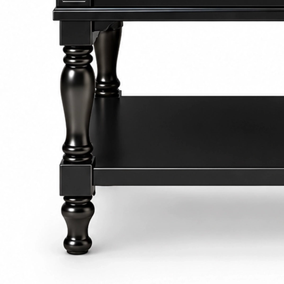 Close‑up of vintage turned cabinet leg, multi‑layer spindle shape, square base, glossy black finish