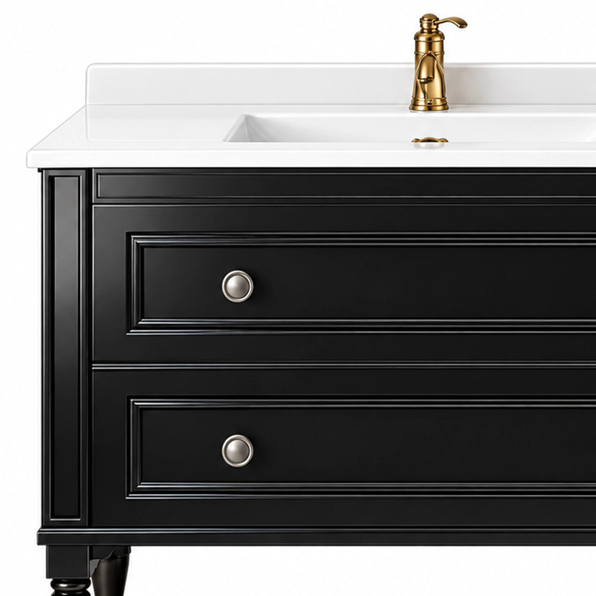 Close‑up of cabinet drawers and sink, double recessed‑panel drawers, round silver metal knobs, white quartz countertop, vintage gold faucet