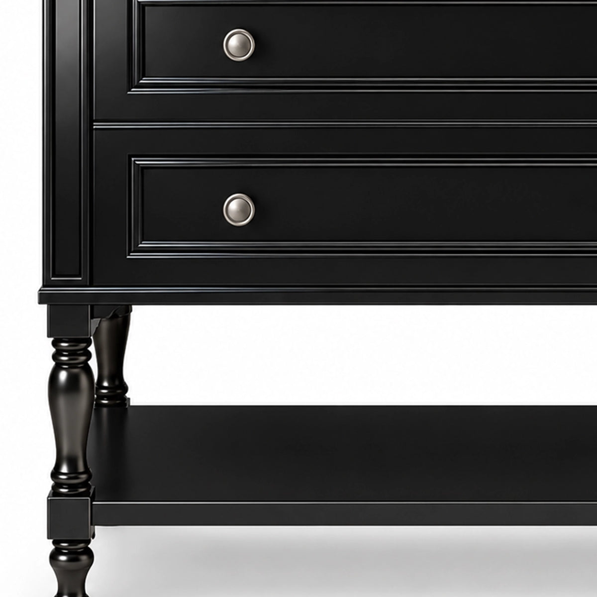 Partial lower cabinet view, double recessed‑panel drawers, turned decorative legs, open black storage shelf