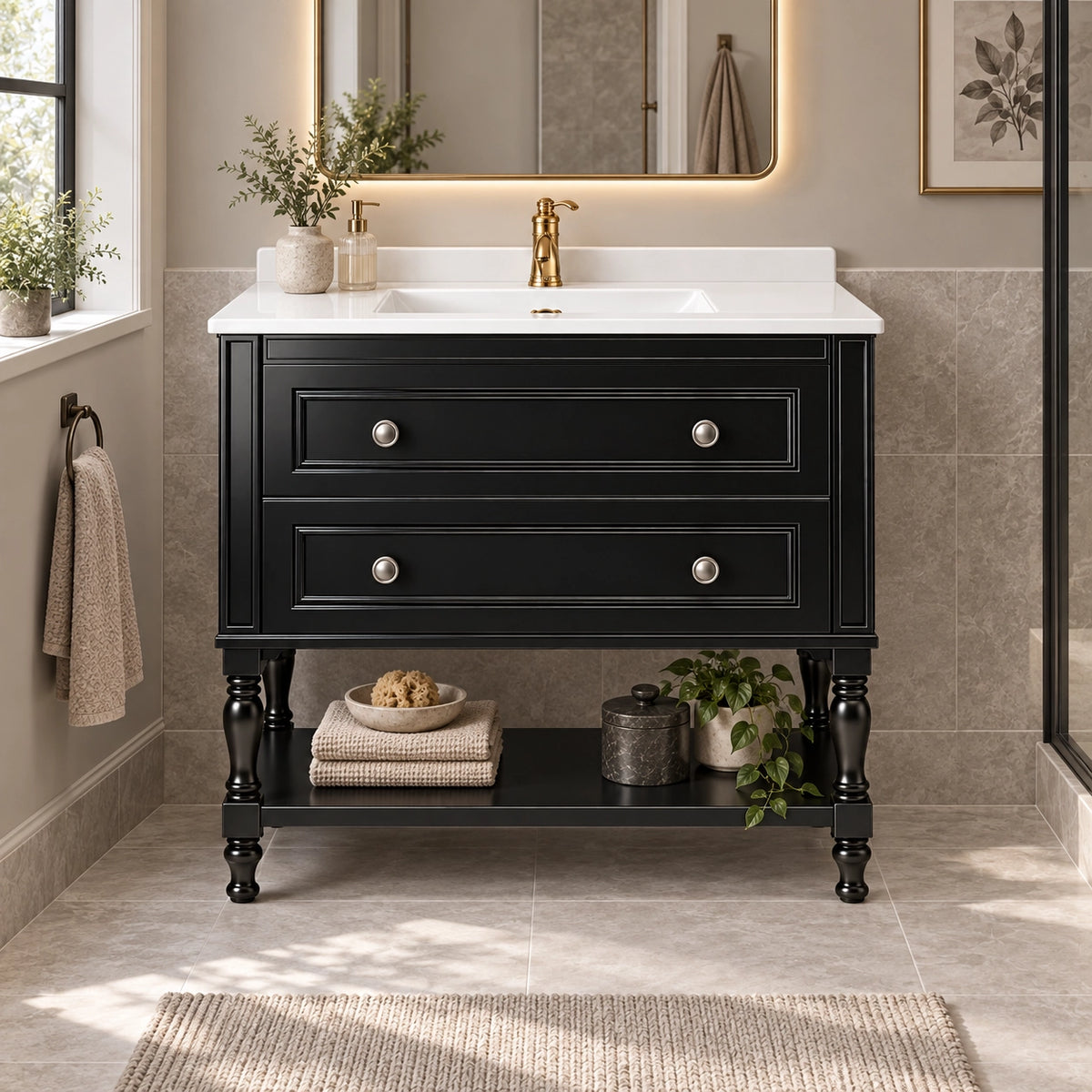 Black vintage freestanding single‑sink bathroom vanity, American‑style master bathroom, backlit gold‑framed mirror, side towel ring
