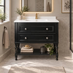 Black vintage freestanding single‑sink bathroom vanity, American‑style master bathroom, backlit gold‑framed mirror, side towel ring