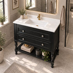 Black vintage freestanding bathroom vanity, bathroom oblique‑angle shot, glass shower partition on right, natural window daylight