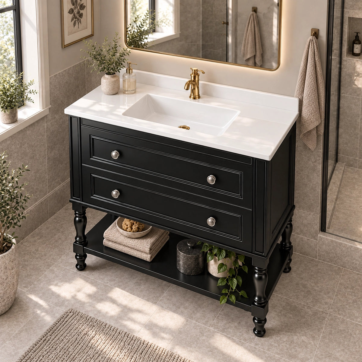 Black vintage freestanding bathroom vanity, bathroom oblique‑angle shot, glass shower partition on right, natural window daylight