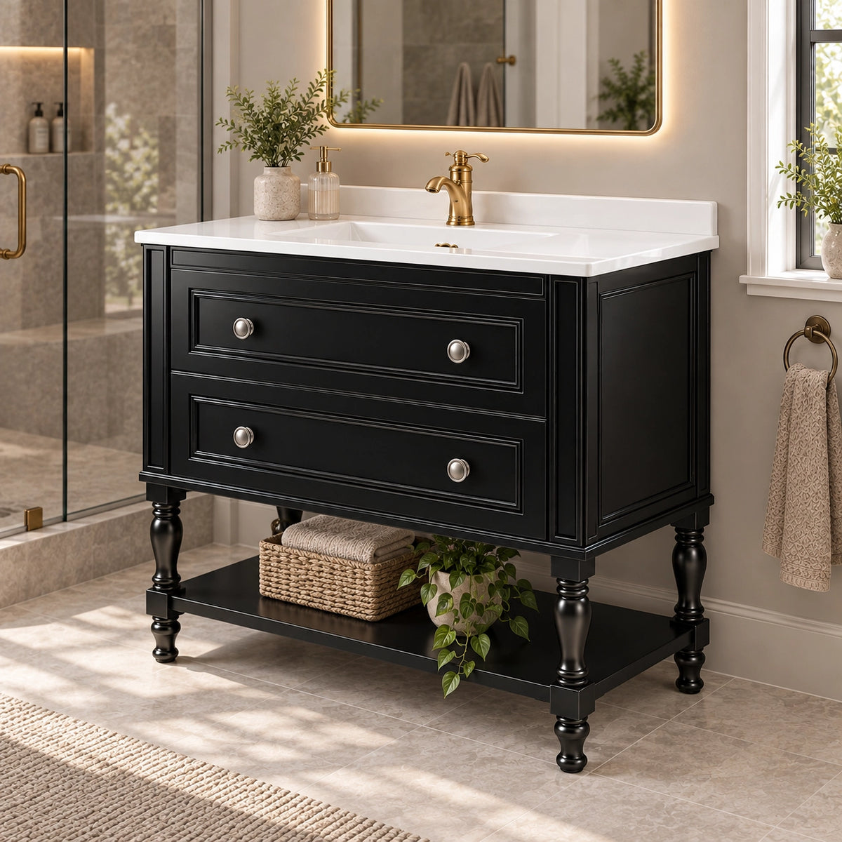 Black vintage freestanding vanity, bathroom side‑view scene, glass shower room on left, window and towel fixture on right