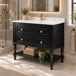 Black vintage freestanding vanity, bathroom side‑view scene, glass shower room on left, window and towel fixture on right