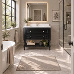 Black vintage freestanding bathroom vanity, full‑view spacious bathroom, freestanding bathtub, large grid window, glass shower enclosure