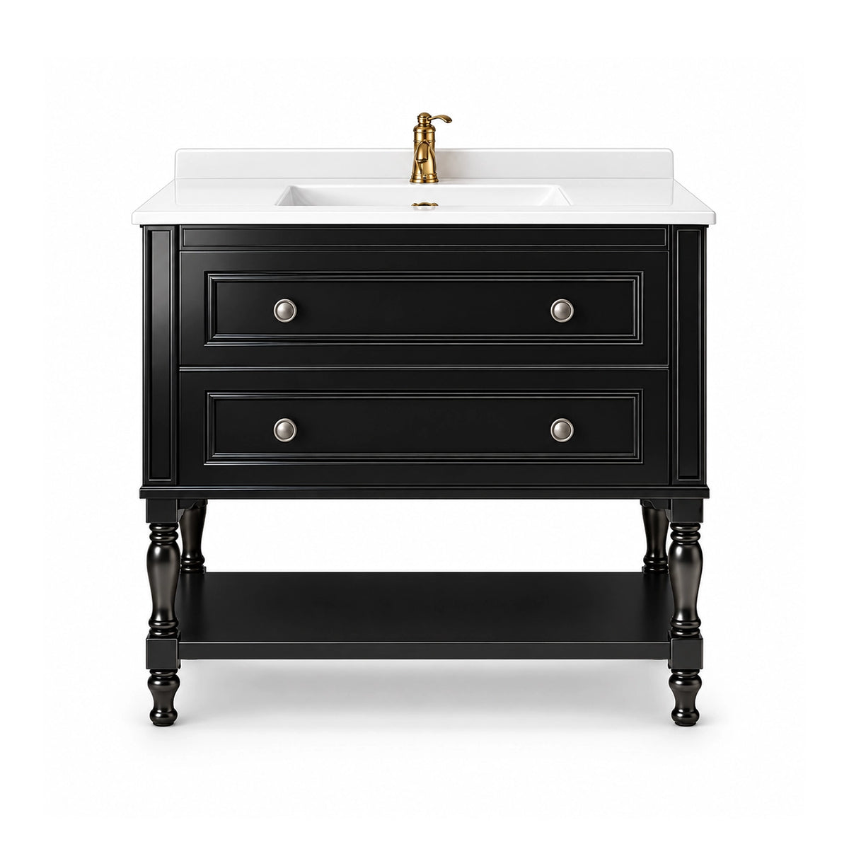 American vintage freestanding single sink bathroom vanity, white‑background product shot, full front display, two‑drawer layout, carved turned legs and open bottom shelf