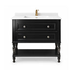 American vintage freestanding single sink bathroom vanity, white‑background product shot, full front display, two‑drawer layout, carved turned legs and open bottom shelf