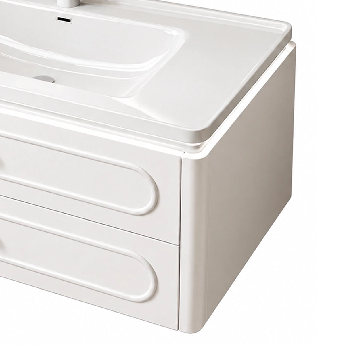 Cabinet corner close‑up, soft rounded edge design, high‑gloss white finish, seamless joint between countertop and cabinet body