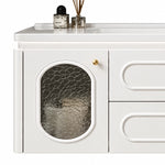 Cabinet door close‑up, oval crackled tempered glass, soft rounded profile, round gold knob