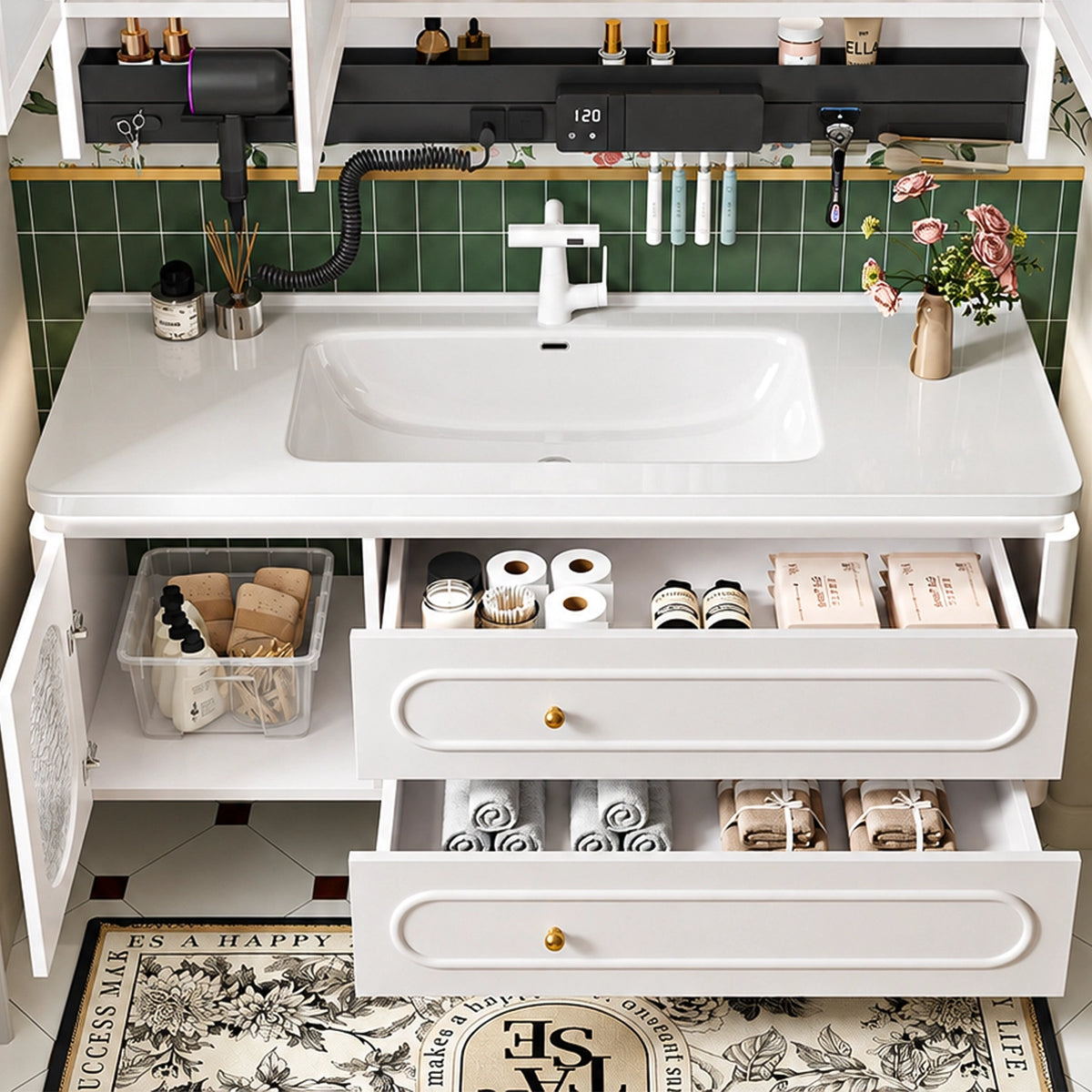 Interior storage demo for white French bathroom vanity, enclosed cabinet with glass door, two large drawers, ample storage for bathroom supplies