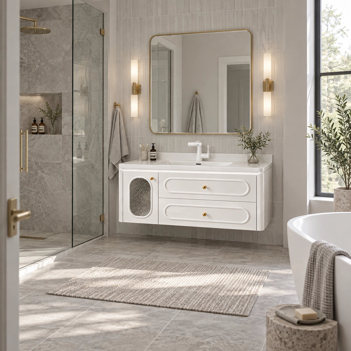 White French wall‑mounted bathroom vanity, full‑view bathroom, glass shower enclosure, freestanding bathtub, large window natural light