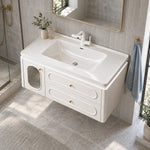 White French floating vanity, bathroom oblique top‑down view, integrated ceramic sink, right‑side towel ring, partial shower area