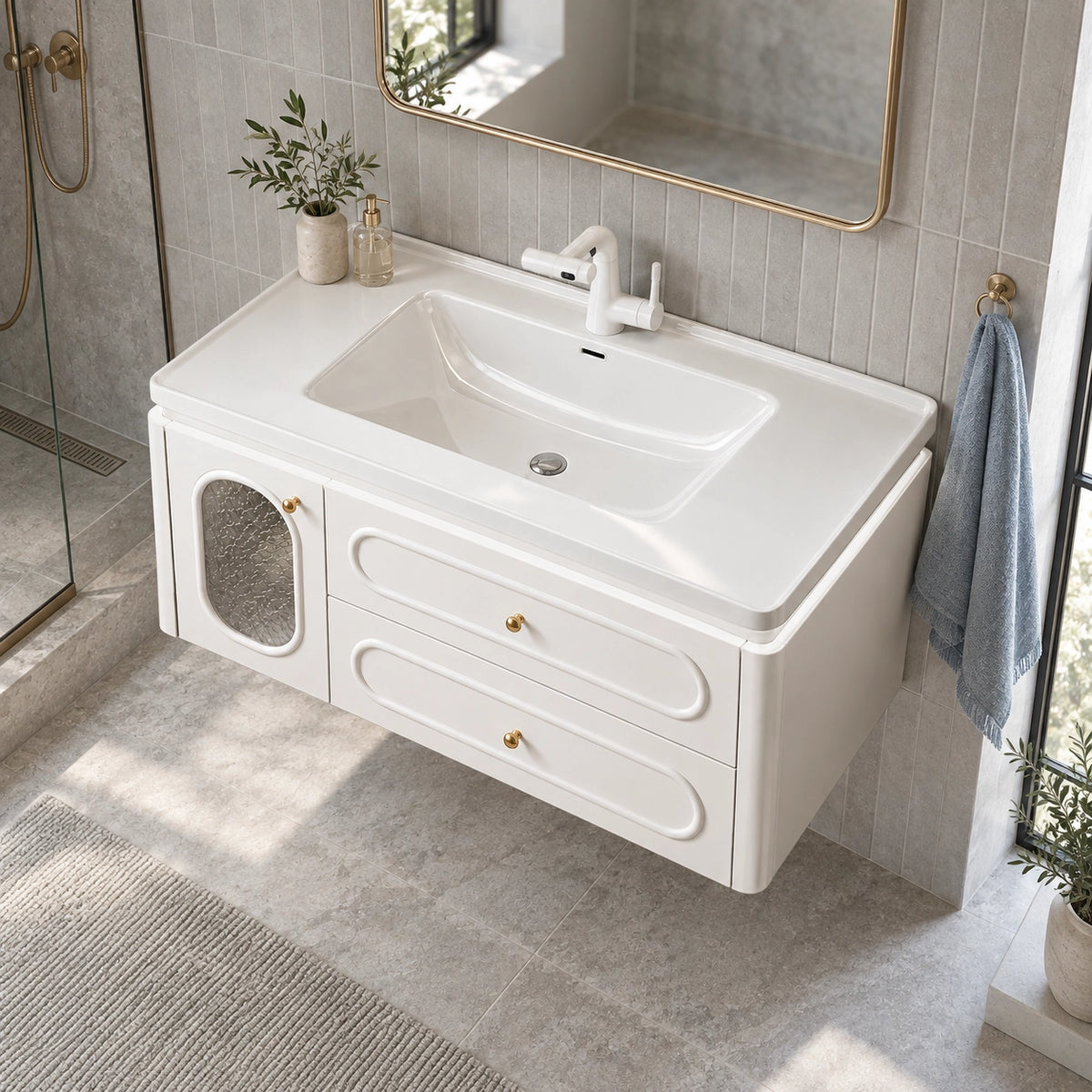 White French floating vanity, bathroom oblique top‑down view, integrated ceramic sink, right‑side towel ring, partial shower area