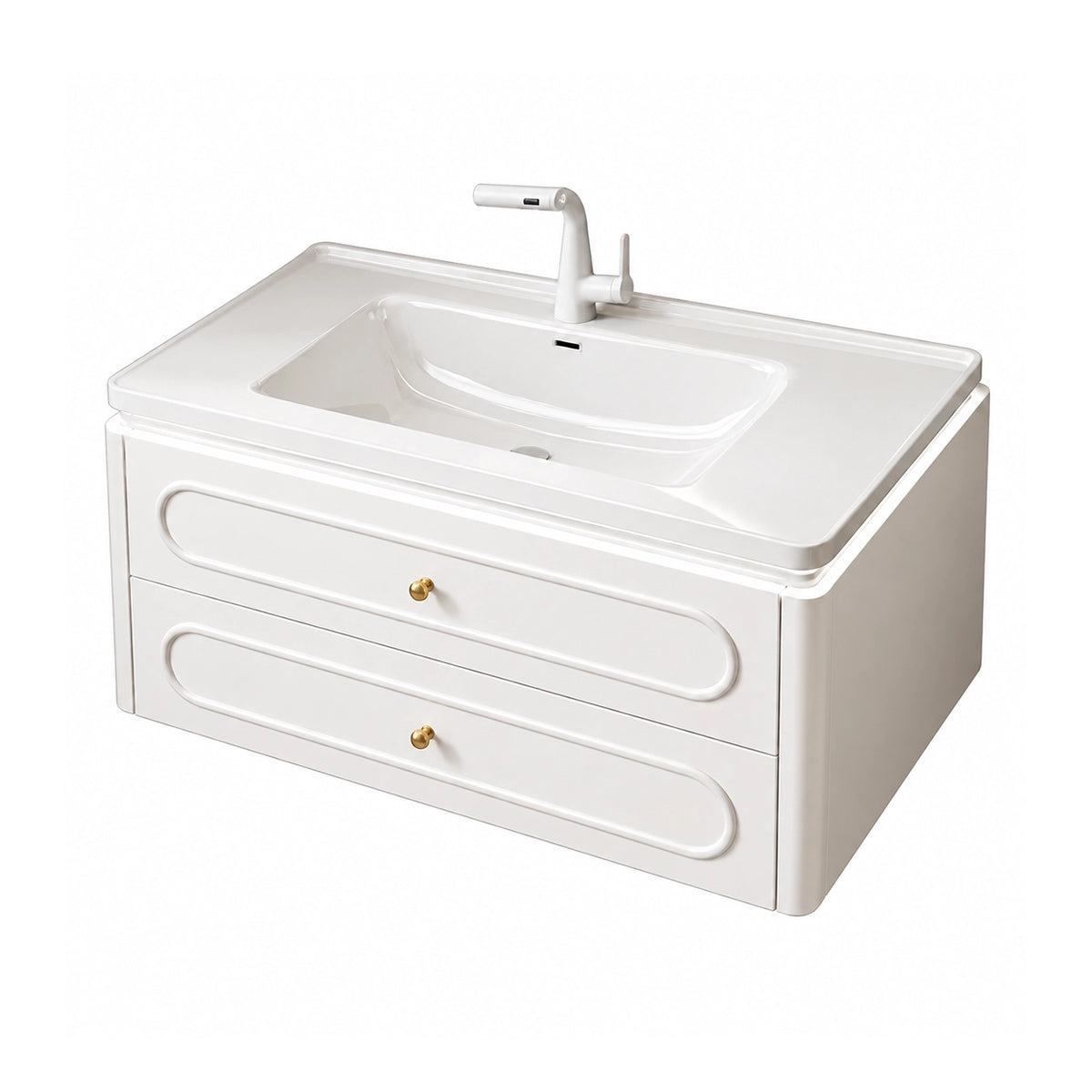 French wall‑mount single‑sink bathroom vanity, white‑background product image, no glass‑door version, two large curved‑embossed drawers, rounded cabinet profile
